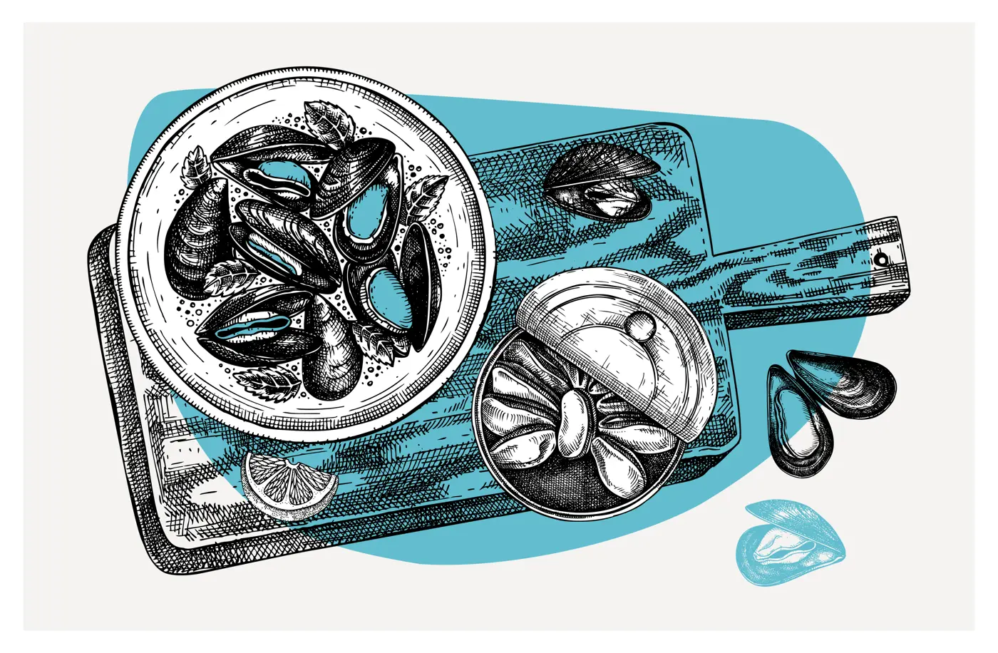 Cooked mussels with herbs on plate illustration. Shellfish and seafood restaurant design element. Hand drawn mussels sketch isolated on vintage background. For menu, recipes, logos, flyer, invitation. Illustration